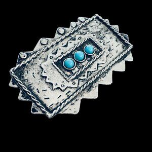 Modernist Brooch Silver Tone Metal and Blue Round Stones